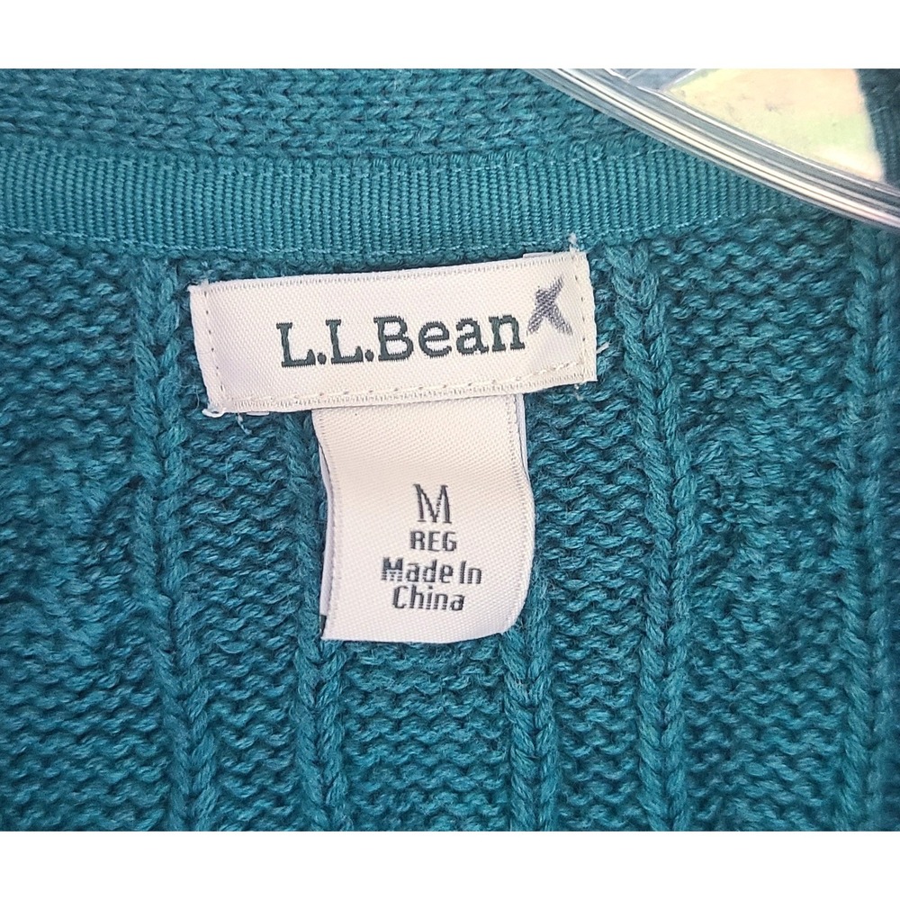 L.L. Bean 100% Cotton Cable Knit Teal Blue Cardigan MEDIUM Sweater Heritage M - Picture 5 of 10